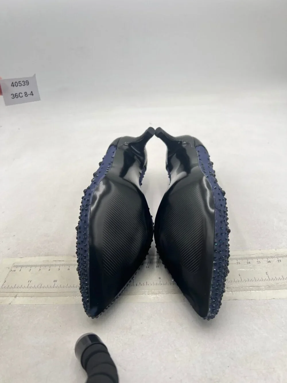 XYD Navy Pointed Closed Toe Slip On Graceful Mesh Pumps Rhinestone Studs Shoes